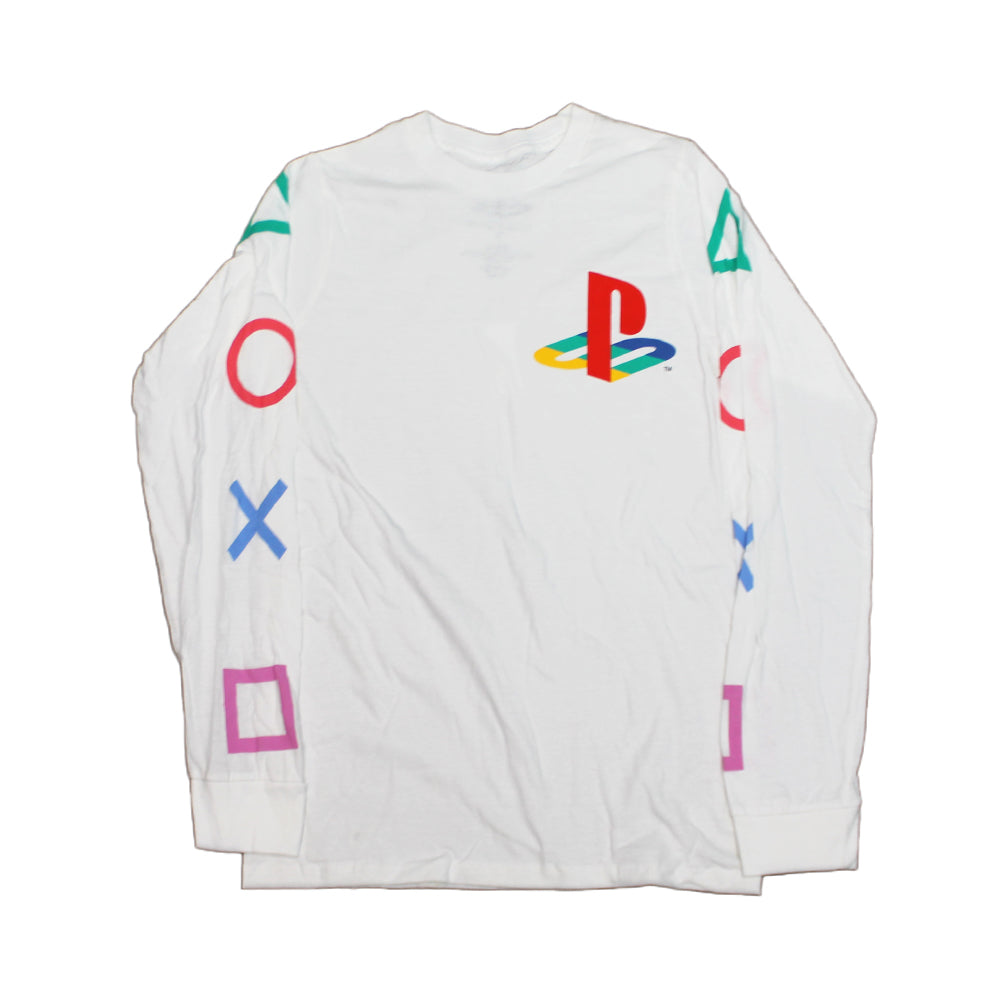 Men's White PlayStation Long Sleeve Logo Button Print Tee T-Shirt