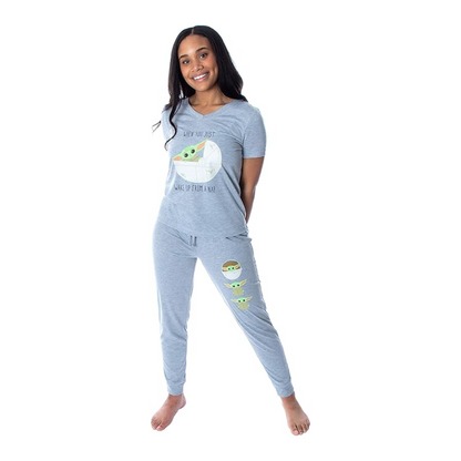 Women's Star Wars The Mandalorian Baby Yoda Wake Up Face Shirt and Jogger Pants 2 Piece Loungewear Pajama Set