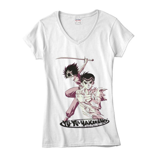 Women Junior's White Yu Yu Hakusho Ghost Files V-Neck Graphic Tee T-Shirt - Rex Distributor, Inc. Wholesale Licensed Products and T-shirts, Sporting goods,