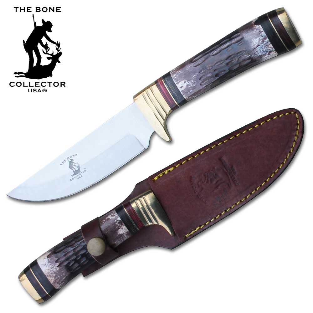 BC 796 10" Bone Collector Bone Handle Hunting Knife with Leather Sheath