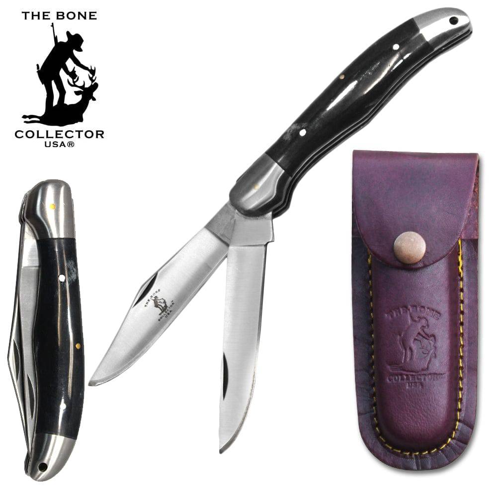 BC 816-BKBN 5" Black Bone Collector 2 Blade Bone Handle Folding Knife with Leather Knife