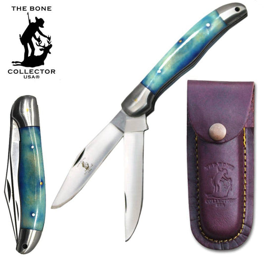 BC 816-BLBN 5" Blue Bone Collector 2 Blade Bone Handle Folding Knife with Leather Knife