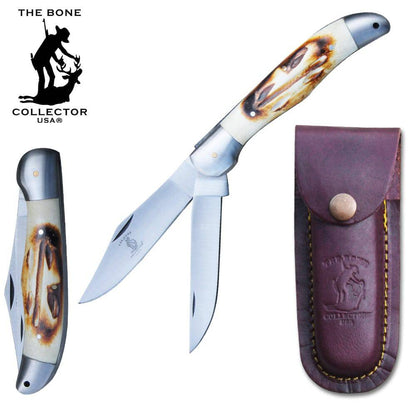 BC 816 5" Bone Collector 2 Blade Bone Handle Folding Knife with Leather Knife