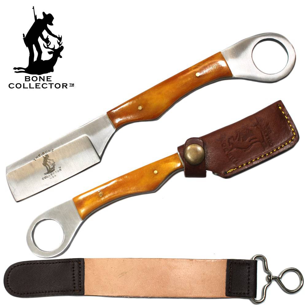 BC 866-YBN 8" Yellow Bone Handle Razor Knife with Leather Sheath & Sharpening Strop Belt