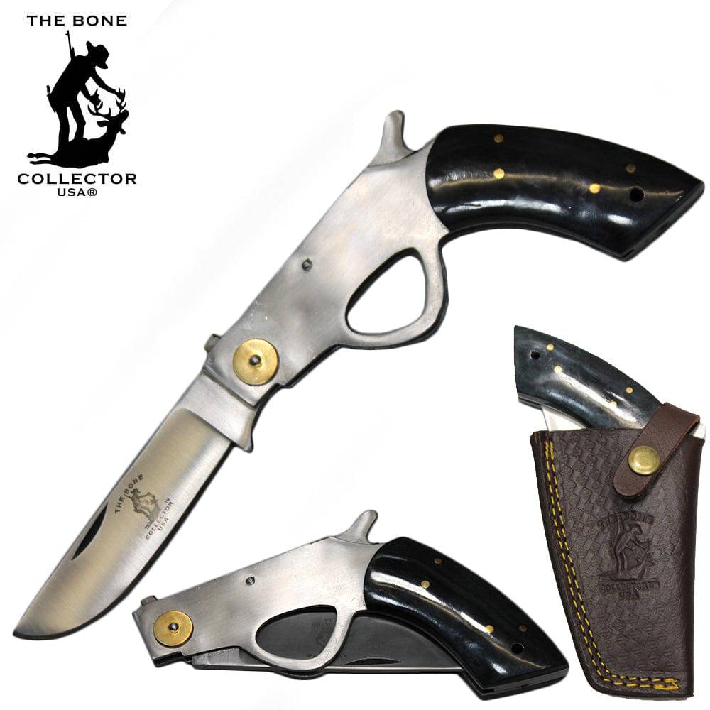 BC 868-BKBN 6" Bone Collector Black Gun-Handle Folding Knife with Leather Sheath