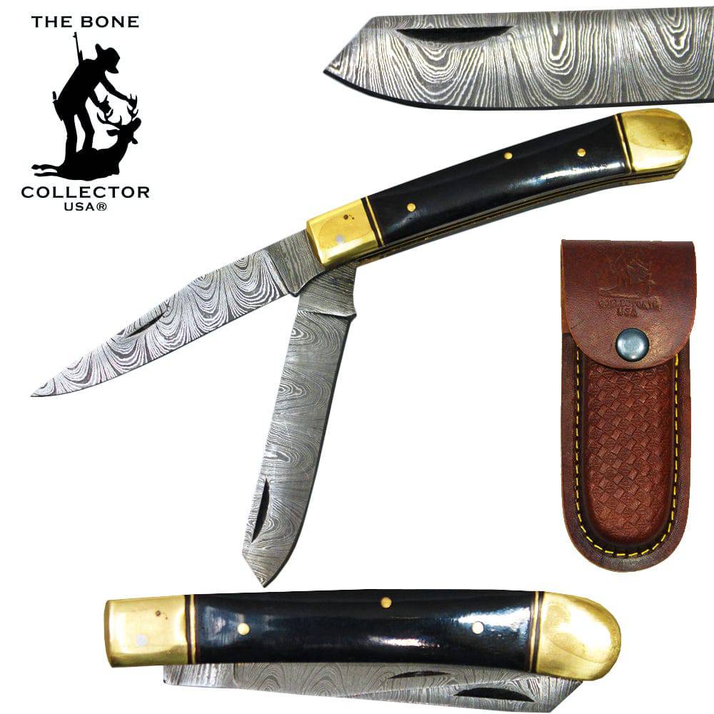 BC 875-DBA 5" Bone Collector 2-Blade Damascus Brass Bolster Folding Knife with Leather Sheath