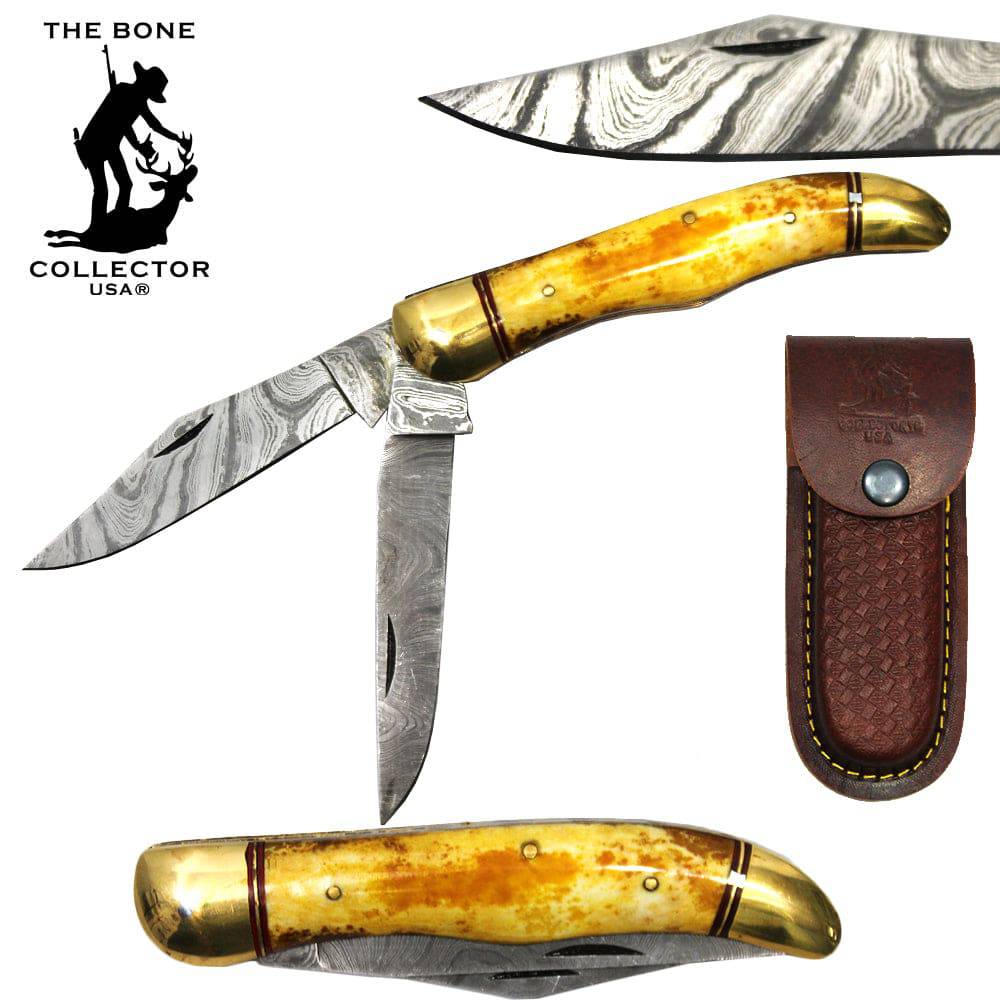 BC 875-DBB 5" Bone Collector 2-Blade Damascus Brass Bolster Folding Knife with Leather Sheath