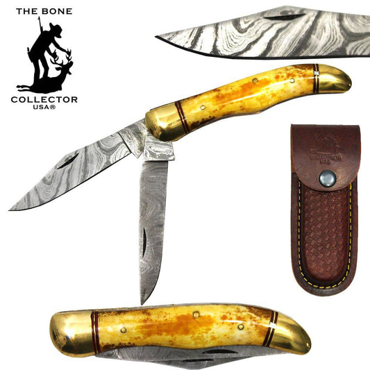 BC 875-DBB 5" Bone Collector 2-Blade Damascus Brass Bolster Folding Knife with Leather Sheath