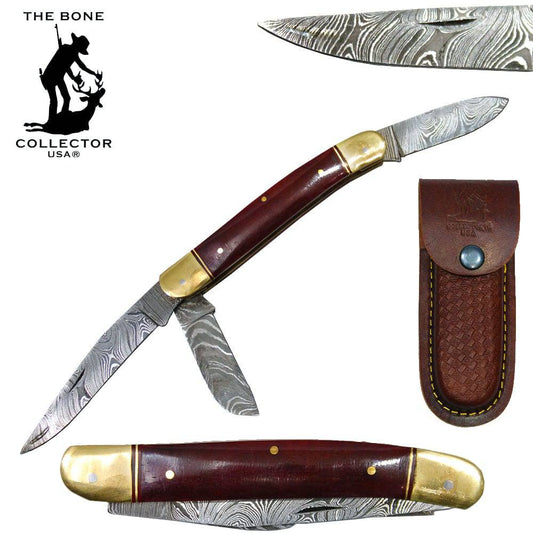 BC 875-DBC 5" Bone Collector 3-Blade Damascus Brass Bolster Folding Knife with Leather Sheath