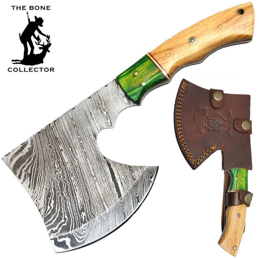 BC AXDB-34A 10" Damascus Blade Bone Collector Green Wood Handle Axe with Leather Sheath - Rex Distributor, Inc. Wholesale Licensed Products and T-shirts, Sporting goods,