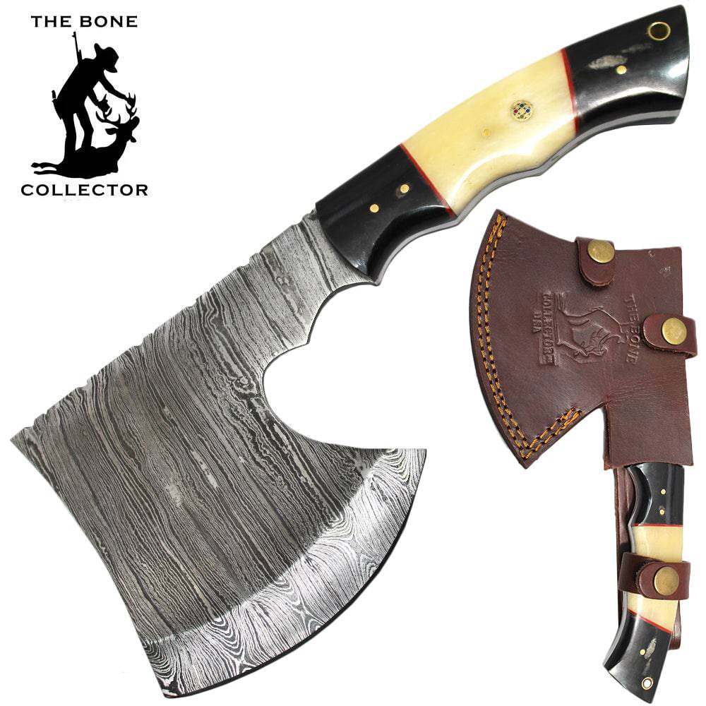 BC AXDB-34E 10" Damascus Blade Bone Collector Bovine Bone & Horn Handle Axe with Leather Sheath