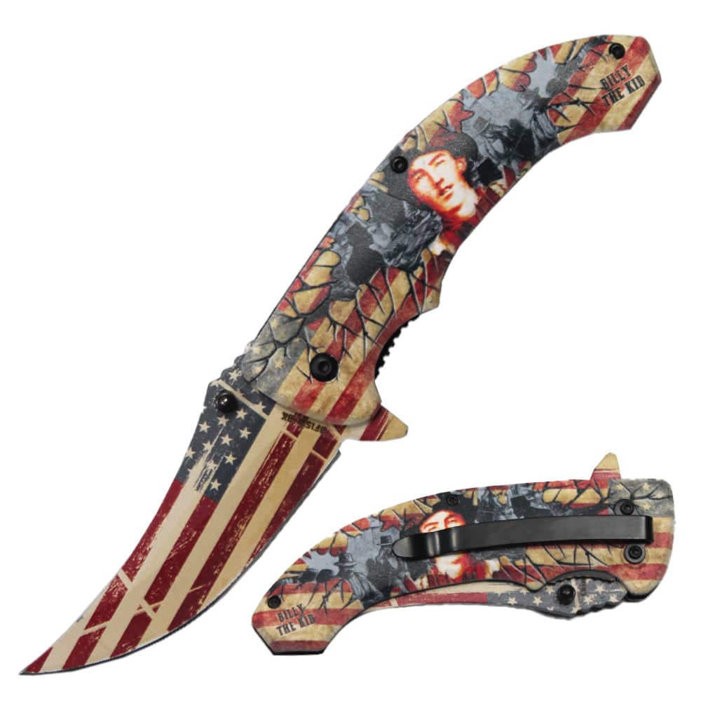 BF 1531-BK 4.75" Patriotic Billy The Kid Trailing Point Blade Assist-Open Folding Knife