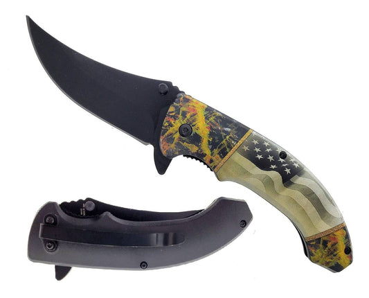 KS 1101-UF 4.75" USA Flag Woodland Handle Trailing Point Blade Assist-Open Folding Knife