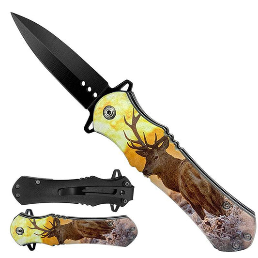 KS 1204-DR 4.63" Deer Print Handle Assist-Open Spear Point Blade Folding Knife with Pocket Clip - Rex Distributor, Inc. Wholesale Licensed Products and T-shirts, Sporting goods,