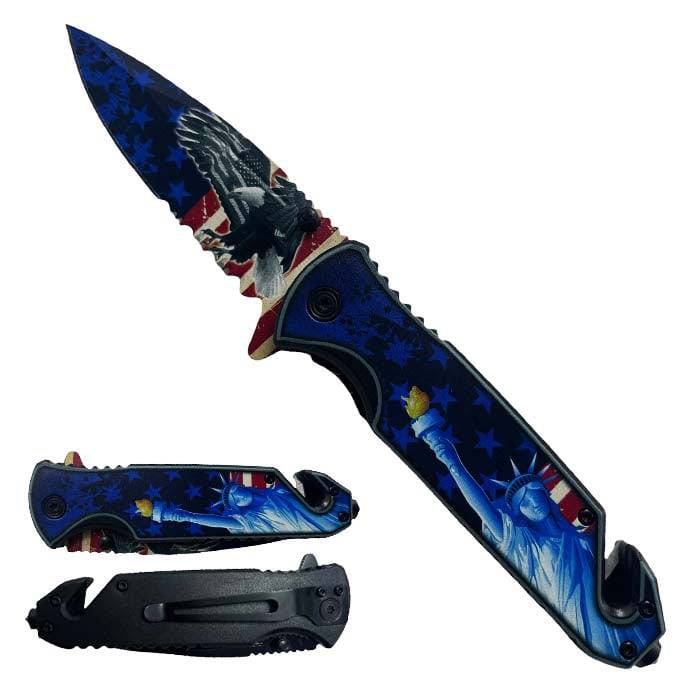 KS 1820-US 4.75" Statue of Liberty Half Serrated Blade Assist-Open Rescue Knife with Belt Cutter & Glass Breaker