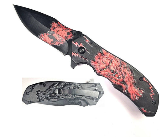 KS 1927-RD 4.5" Red Wild Wolf 3D Texture Handle Assist-Open Folding Knife