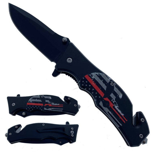 KS 1937-1 4.5" Red Stripe Skull Handle Assist-Open Tactical Folding Knife