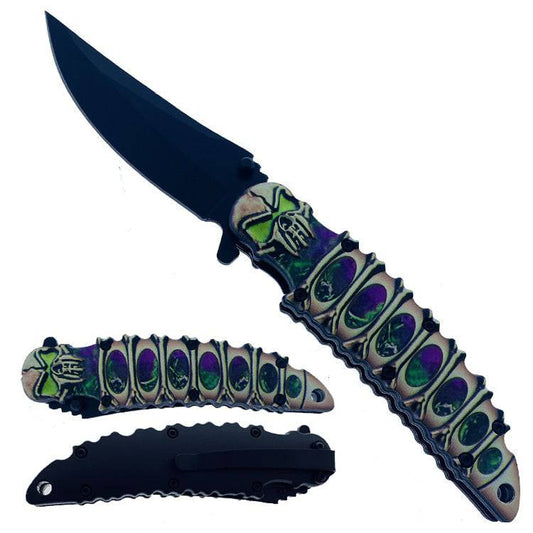 KS 1947-GN 4.5" Green Embossed Skeleton Skull Trailing Point Assist-Open Folding Pocket Knife