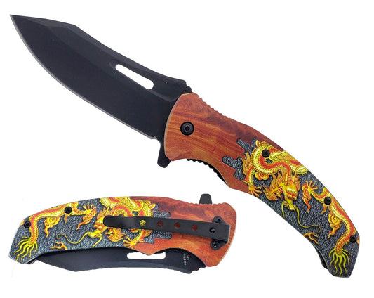 KS 6309-DG1 4.5" Black Blade Dragon Handle Assist Open Folding Knife