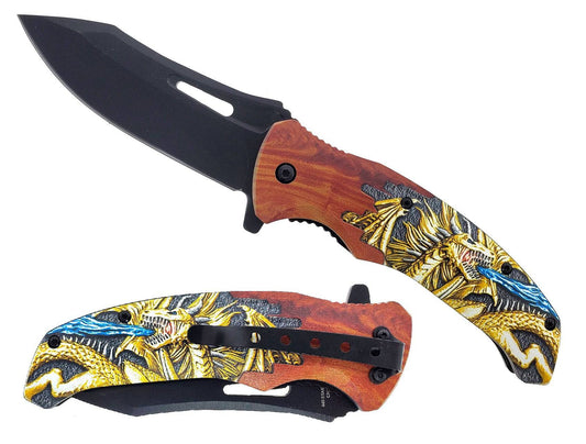 KS 6309-DG2 4.5" Black Blade Dragon Handle Assist Open Folding Knife