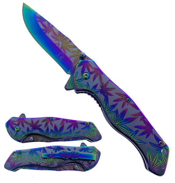 KS 3779-RB 4.75" Titanium Rainbow Marijuana Leaf Assist-Open Pocket Knife