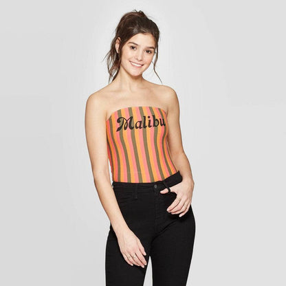 Women's Juniors Striped Strapless Malibu Graphic Tube Top