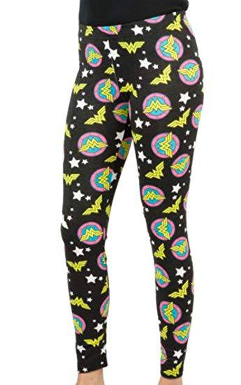 Women Juniors Black Wonder Woman AOP Symbols Leggings Bottoms