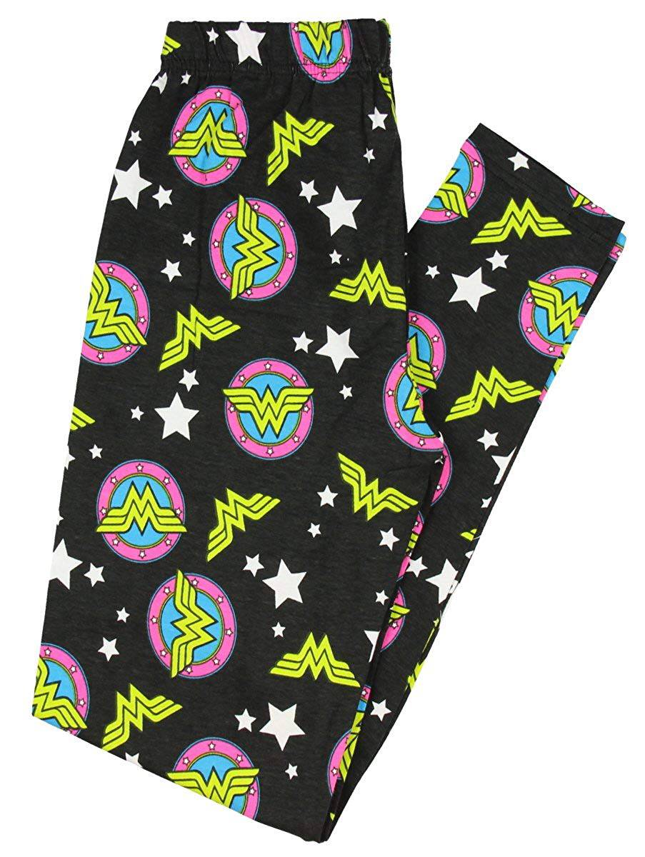 Women Juniors Black Wonder Woman AOP Symbols Leggings Bottoms