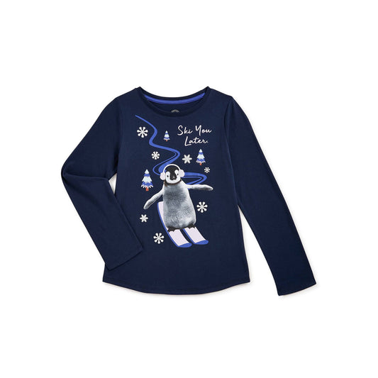 Girls Wonder Nation Blue Cove Penguin Graphic Long Sleeve T-Shirt