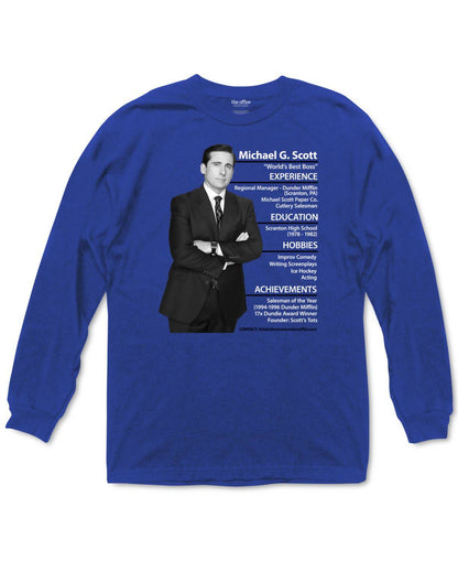 Mens Blue The Office Michael Scott Resume Graphic Long Sleeve Tee T Shirt