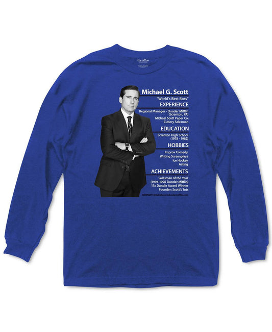 Mens Blue The Office Michael Scott Resume Graphic Long Sleeve Tee T Shirt