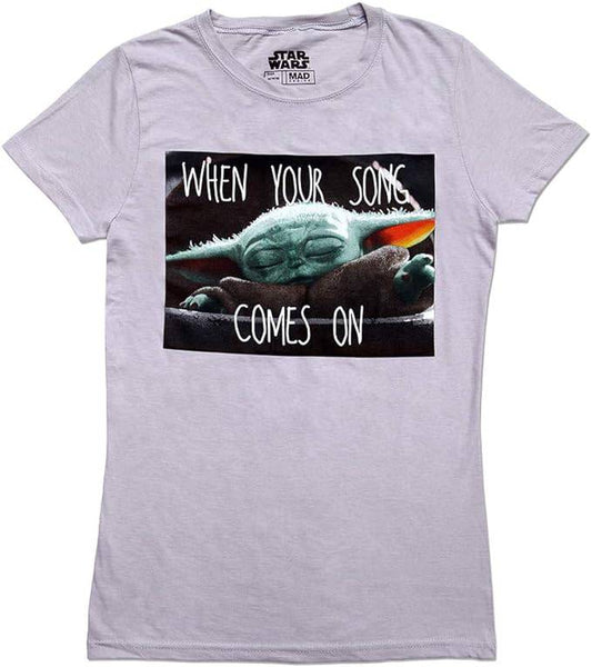 Womens Juniors Baby Yoda Mandalorian Child Song T-Shirt Silver