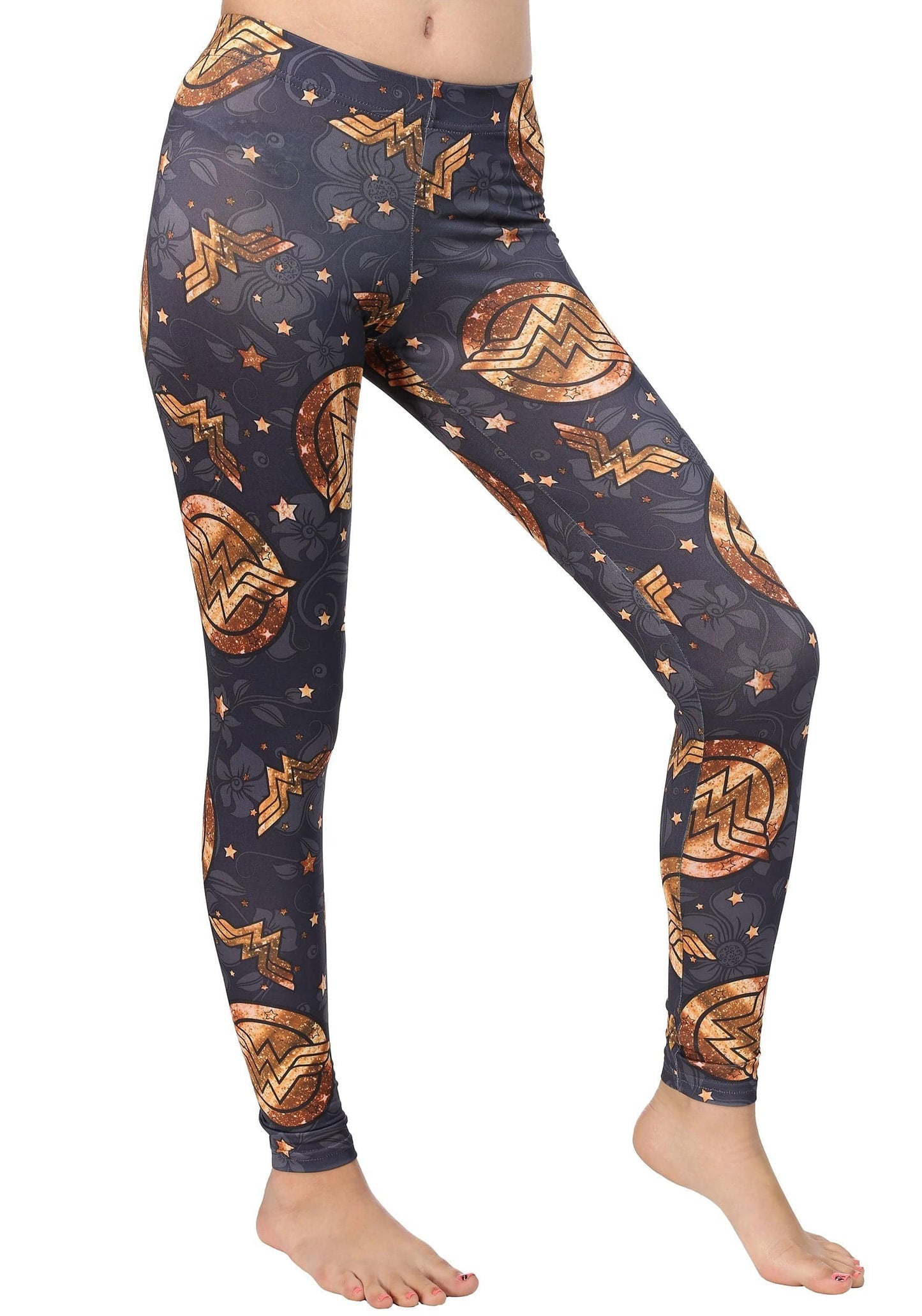 Womens Juniors Navy Wonder Woman Gold Symbol Tights Leggings Bottom