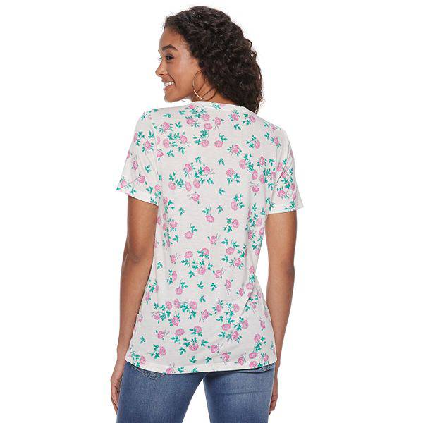 Women's Juniors Flower Print V-neck Tee T-Shirt