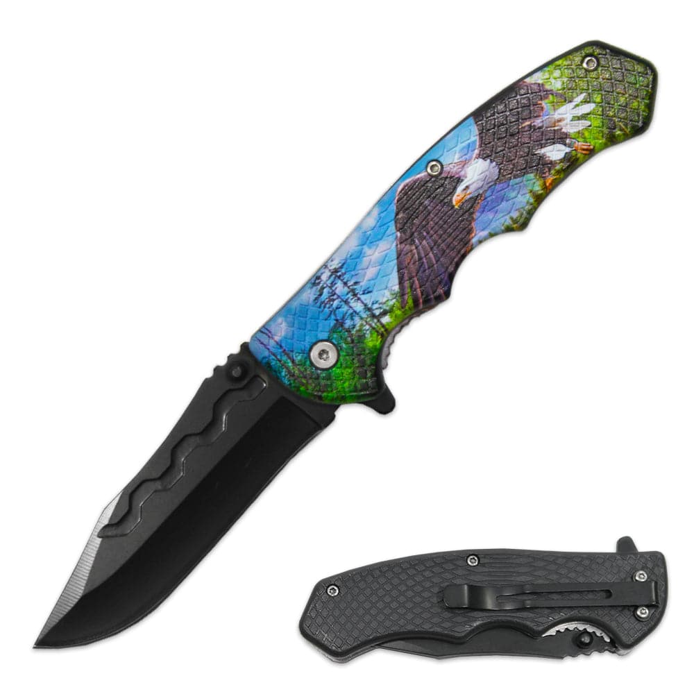 LQ 3279-E2 4.5" Textured Eagle Handle Assist-Open Folding Knife with Belt Clip