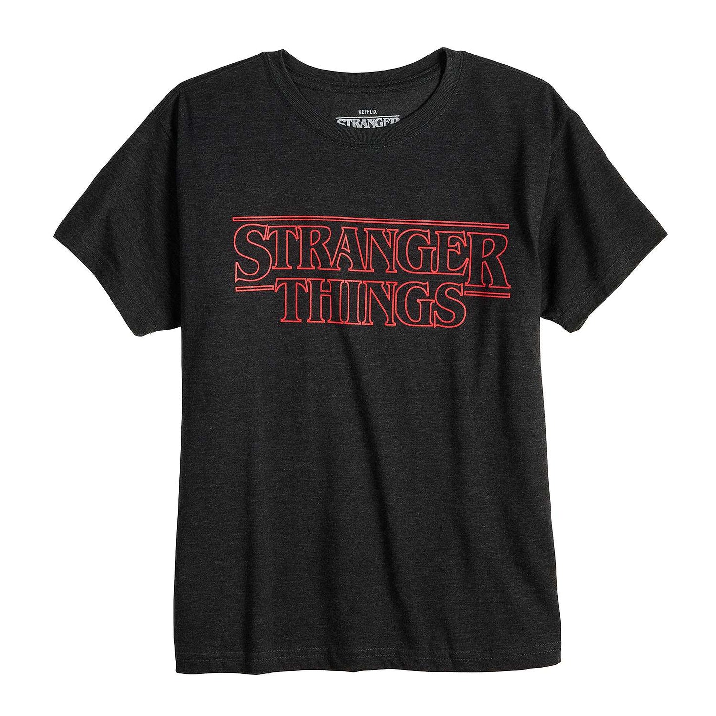 Women Juniors' Heather Charcoal Stranger Things Red Logo Graphic Tee T-Shirt