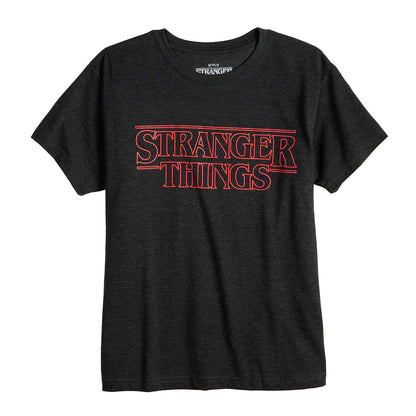 Women Juniors' Heather Charcoal Stranger Things Red Logo Graphic Tee T-Shirt