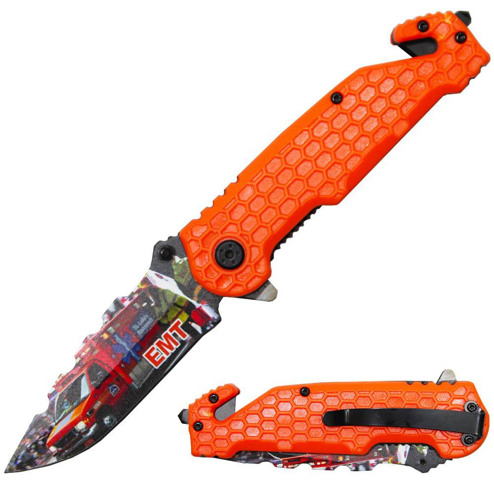 PK 3164-EMS 4.75" Serviceman Orange Honeycomb Handle Tactical Rescue Knife