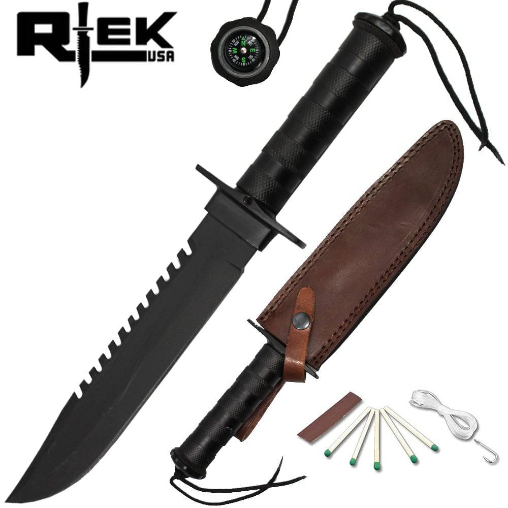 RT 2006-B 14" Rtek Survival Knife Saw-Back Blade with Kit, Compass, & Leather Sheath