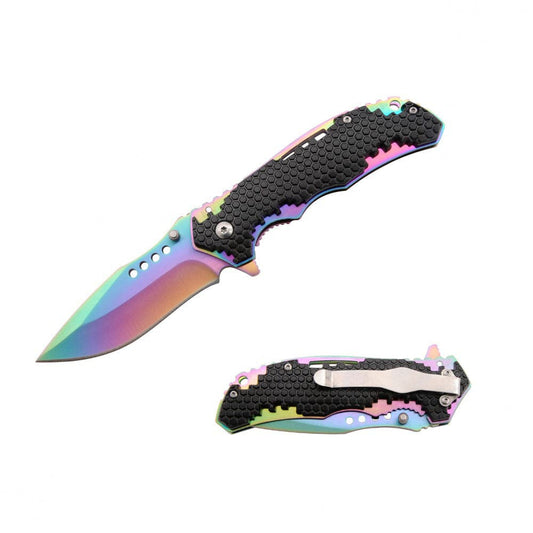 RT 7090-RB 4.5" Rainbow Honeycomb ABS Handle Assist-Open Folding Knife with Belt Clip