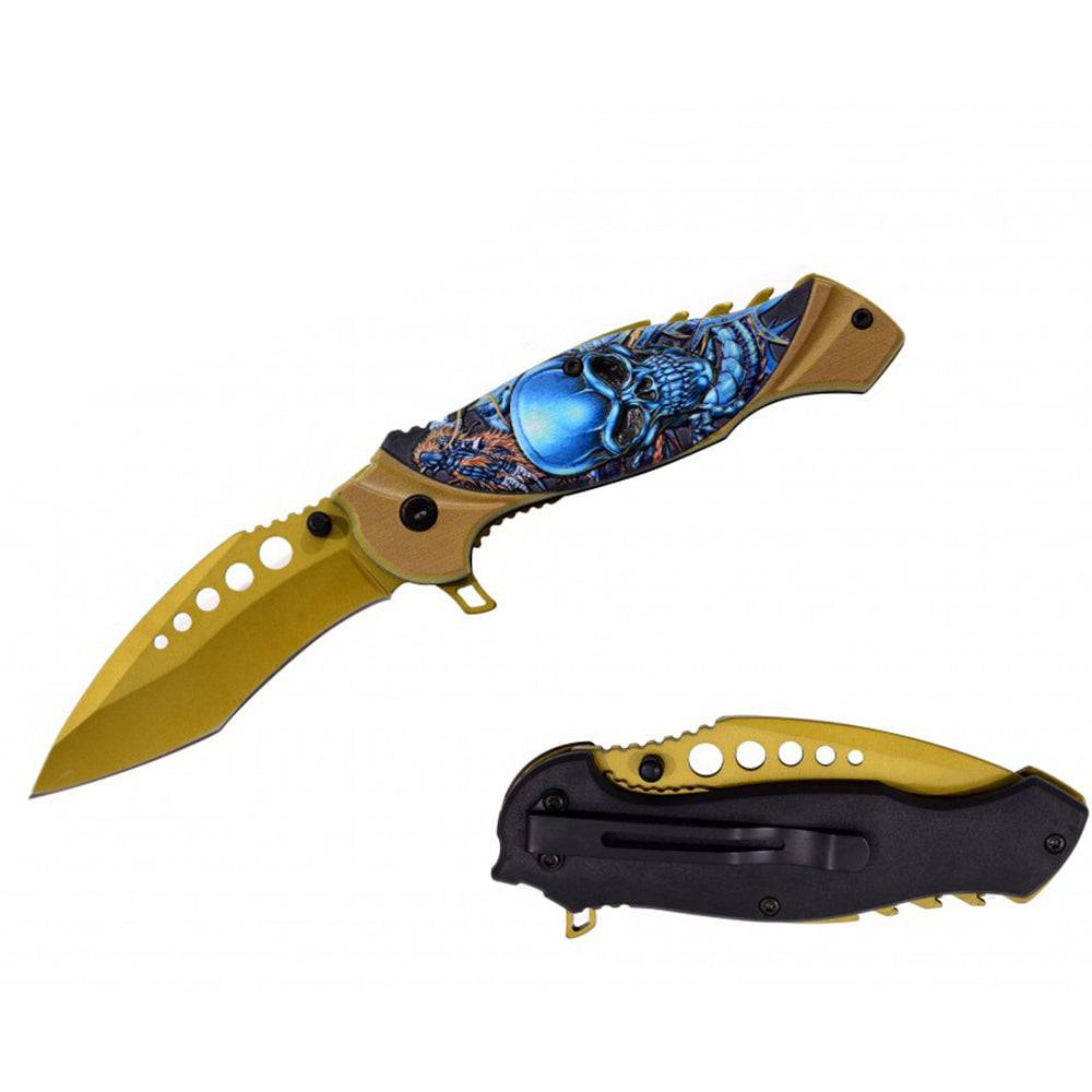 RT 7139-GD 4.5" Gold Skull & Dragon 3D Handle Assist-Open Folding Knife with Belt Clip