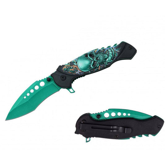 RT 7139-GN 4.5" Green Skull & Dragon 3D Handle Assist-Open Folding Knife with Belt Clip