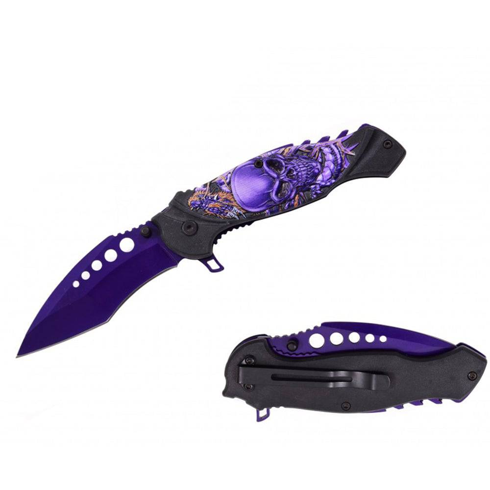 RT 7139-PU 4.5" Purple Skull & Dragon 3D Handle Assist-Open Folding Knife with Belt Clip