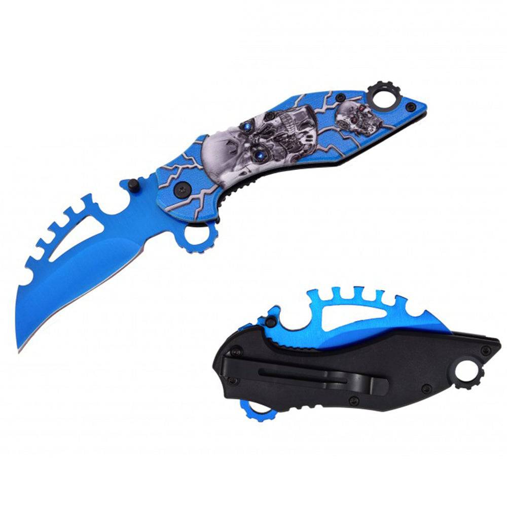 RT 7141-BL 5" Blue Skull 3D Handle Karambit Blade Assist-Open Folding Knife with Glass Breaker