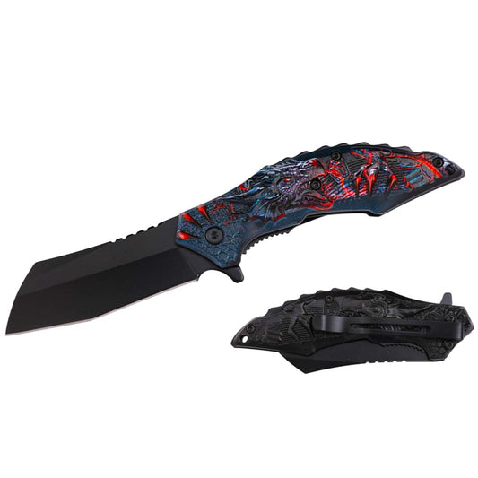 RT 7368-RD 4.25" Red Dragon 3D Handle Cleaver Blade Assist-Open Folding Knife with Belt Clip