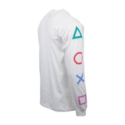 Men's White PlayStation Long Sleeve Logo Button Print Tee T-Shirt