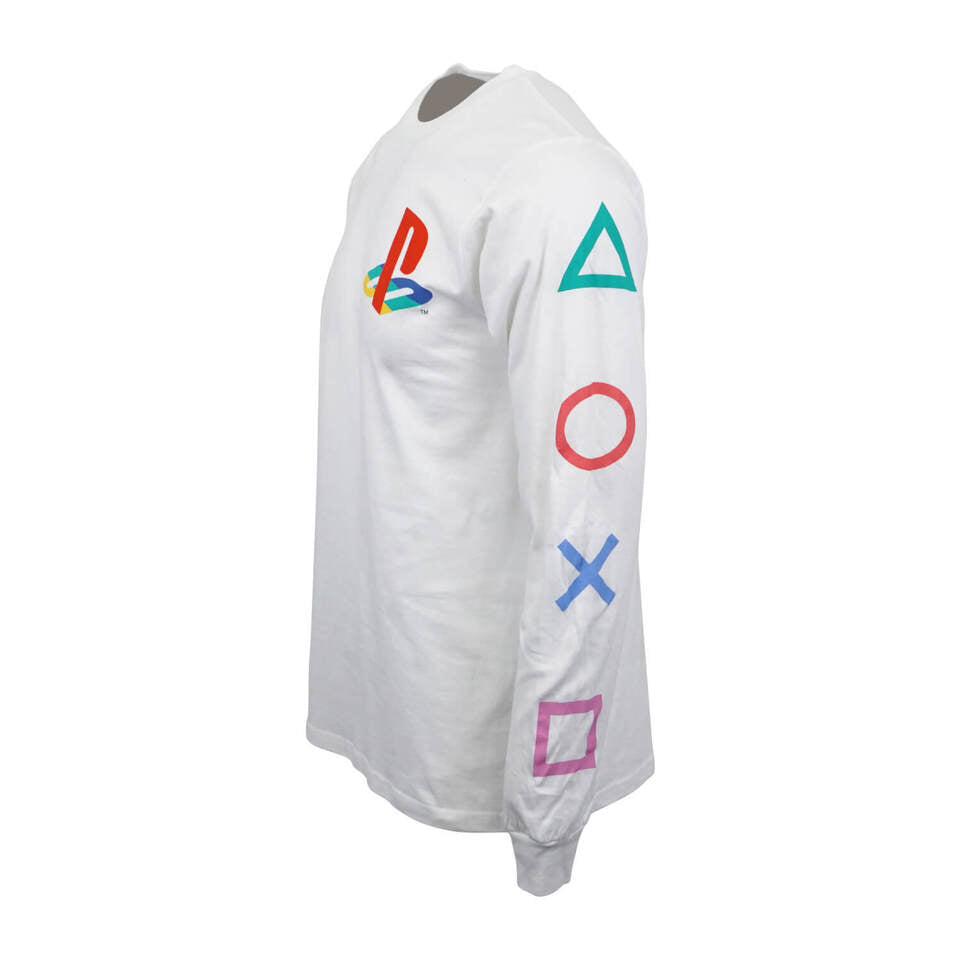 Men's White PlayStation Long Sleeve Logo Button Print Tee T-Shirt