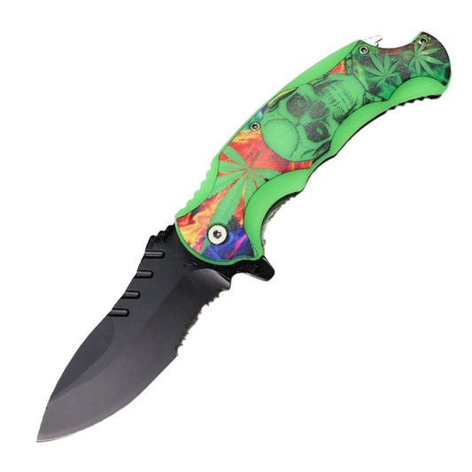 SH 14259-SK 4.5" Glow In The Dark Marijuana Skull Assist-Open Folding Knife with Bottle Opener