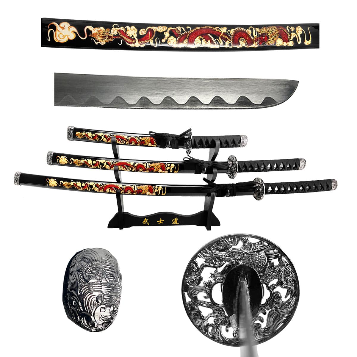 SWSA 124-BKDG Traditional Three Tier Japanese Samurai Katana Set - Black