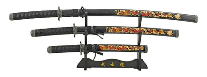 SWSA 124-BKDG Traditional Three Tier Japanese Samurai Katana Set - Black